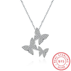 925 Sterling Silver Jewelry Three Butterfly Zircon Pendant Necklace